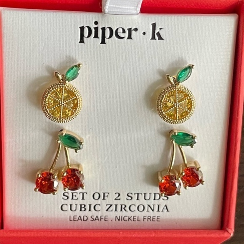 Piper Earrings,Piper Gold and Red Cherry Stud Earrings,Fruit Earrings.